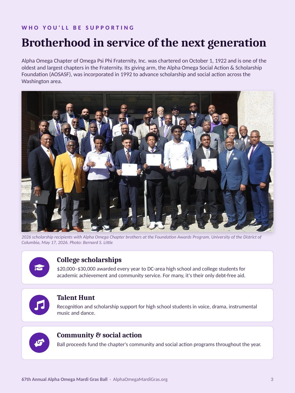 Who you'll be supporting: 2026 scholarship recipients with Alpha Omega Chapter brothers at the Foundation Awards Program, plus college scholarships, Talent Hunt and community and social action programs.