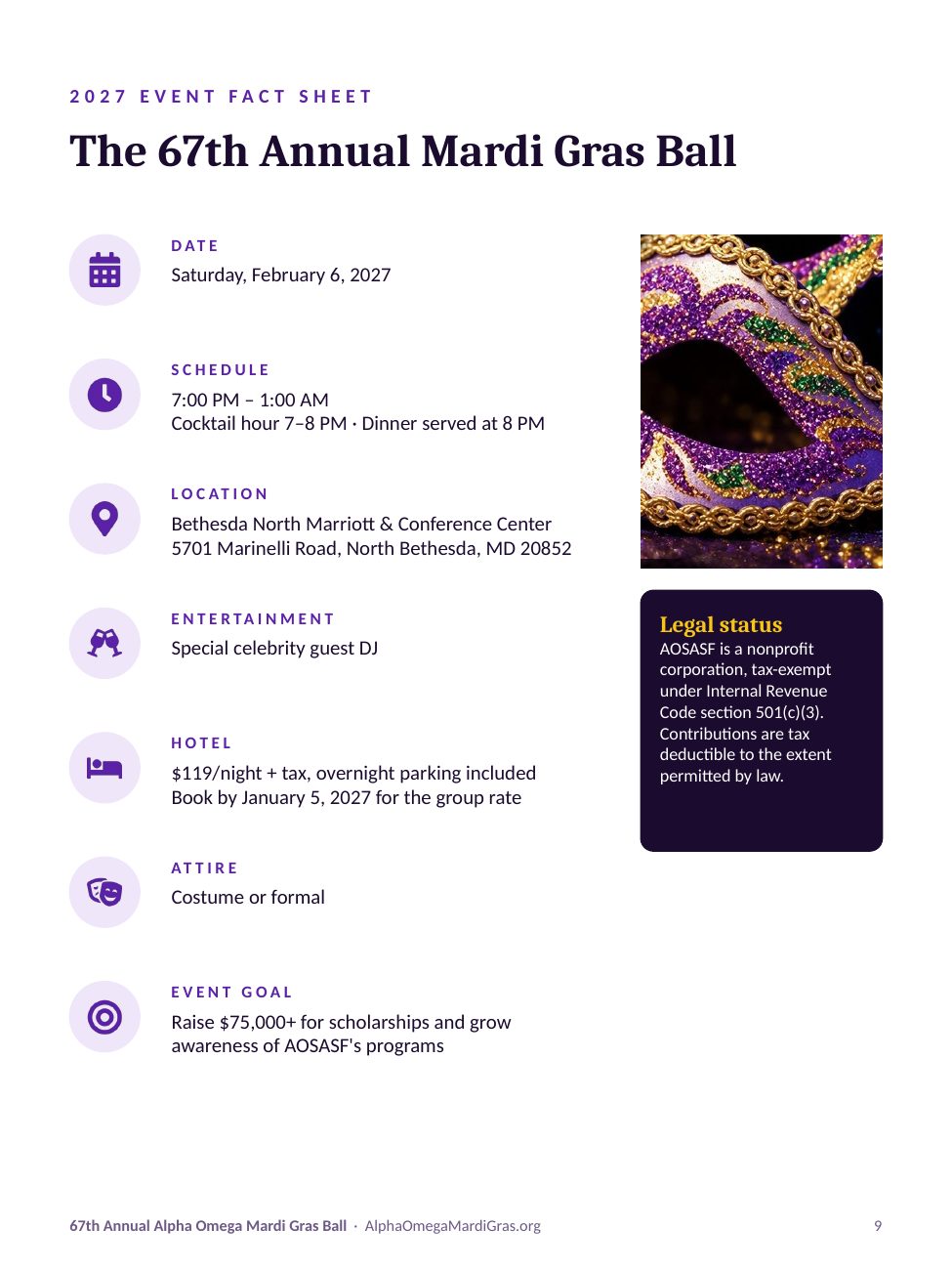 2027 event fact sheet: date, schedule, location, entertainment, hotel at $119 per night, attire, event goal and 501(c)(3) status.
